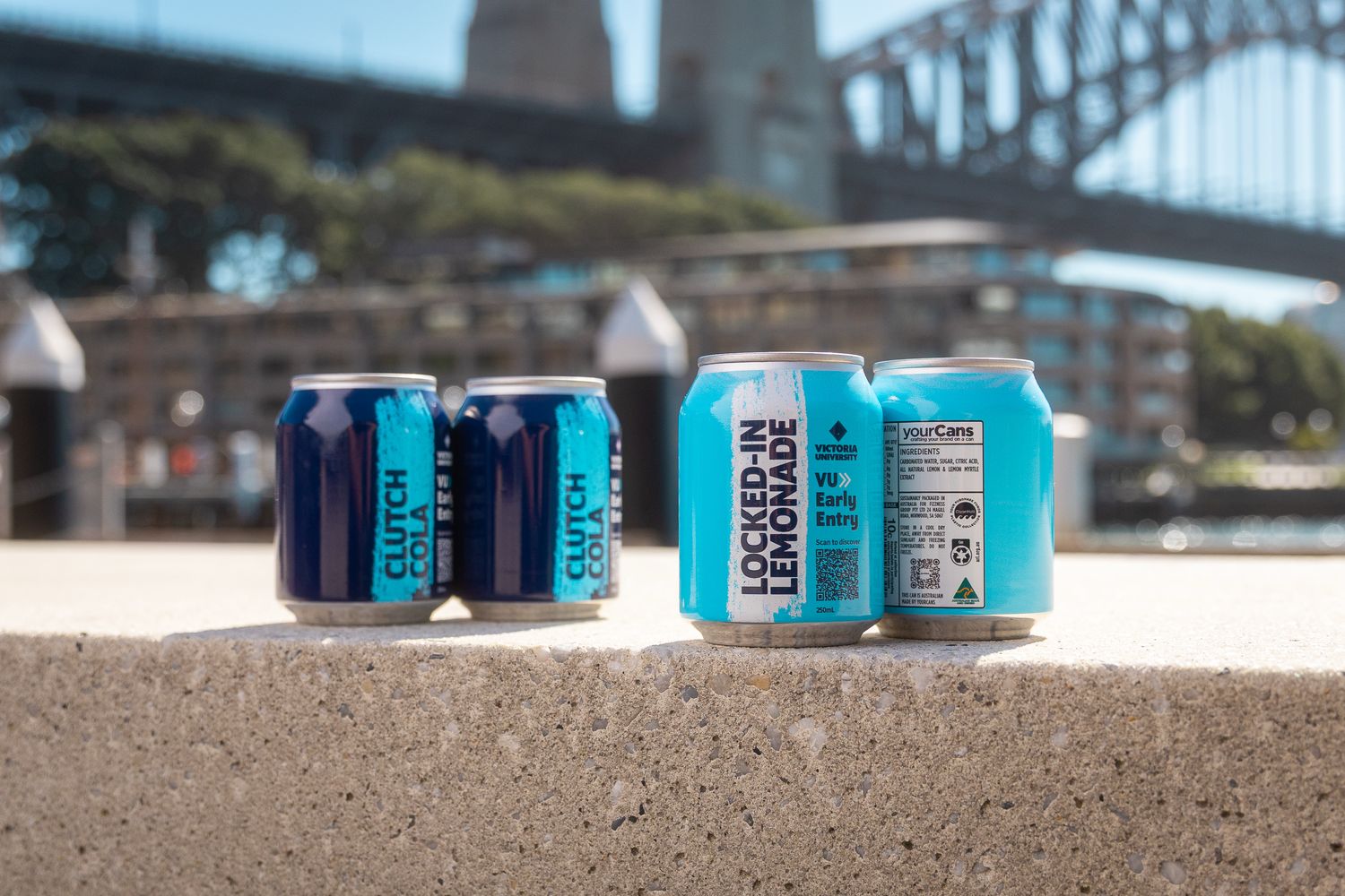 Victoria University Locked-In Lemonade cans by Sydney Harbour